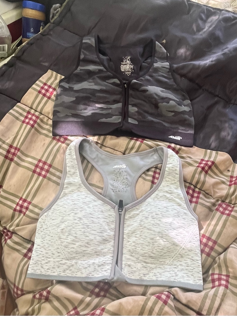 Avia Woman’s Front-Zip Sports Bras in Light Grey Heather and Black Camo